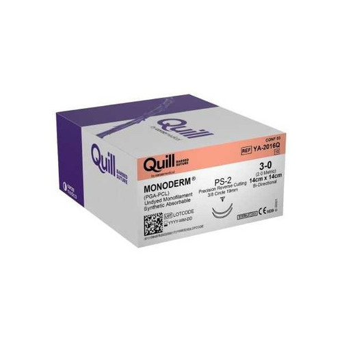 Surgical Specialties Quill Knotless Monoderm Absorbable Suture with Needle, Size 3 - 0, 14 cm Suture, Double-Armed, Undyed, Needle Length 19 mm, 3/8 Circle, Precision Reverse Cutting Needle, Box of 1