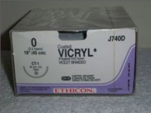 J & J Coated Vicryl Absorbable Suture with Needle, Size 0, 18'' Suture, 1-Needle, Violet, Needle Length 36 mm, 1/2 Circle, Taper Point Needle, Box of 12
