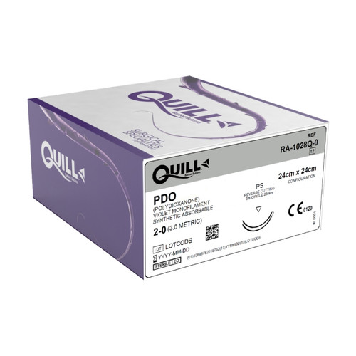 Surgical Specialties Quill Knotless Absorbable Suture with Needle, Size 2 - 0, 24 cm Suture, Double-Armed, Violet, Needle Length 26 mm, 3/8 Circle, Reverse Cutting Needle, Box of 12