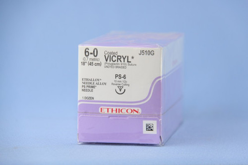 J & J Coated Vicryl Absorbable Suture with Needle, Size 6 - 0, 18'' Suture, 1-Needle, Undyed, Needle Length 11 mm, 1/2 Circle, Reverse Cutting Needle, Box of 12