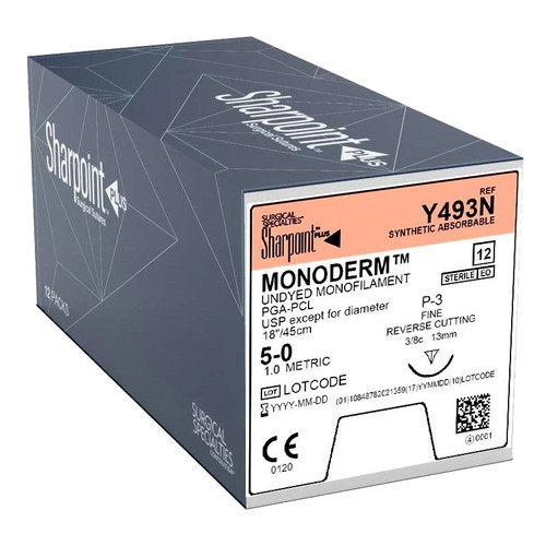Surgical Specialties Monoderm Absorbable Suture with Needle, Size 5 - 0, 18'' Suture, 1-Needle, Undyed, Needle Length 13 mm, 3/8 Circle, Precision Reverse Cutting Needle, Box of 1
