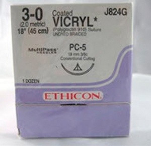 J & J Coated Vicryl Absorbable Suture with Needle, Size 3 - 0, 18'' Suture, 1-Needle, Undyed, Needle Length 19 mm, 3/8 Circle, Precision Conventional Cutting Needle, Box of 12