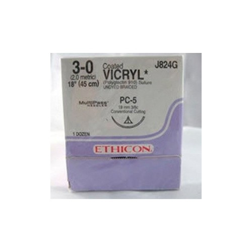 J & J Coated Vicryl Absorbable Suture with Needle, Size 3 - 0, 18'' Suture, 1-Needle, Undyed, Needle Length 19 mm, 3/8 Circle, Precision Conventional Cutting Needle, Box of 12