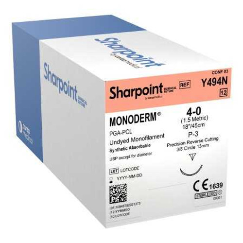 Absorbable Suture with Needle Monoderm™ Polyglycolic Acid 3/8 Circle Precision Reverse Cutting Needle Size 4 - 0 Monofilament Y494N Box of 1 Y494N Monoderm™ 906040_BX