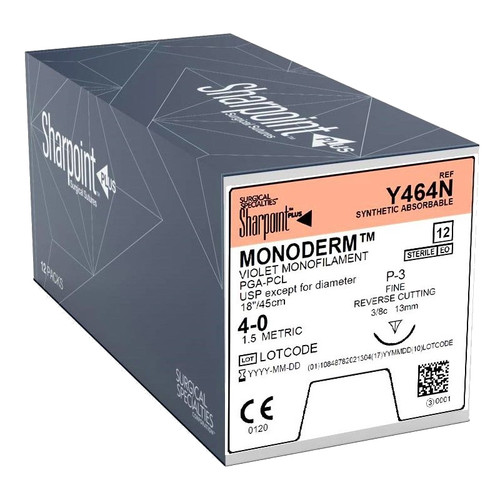 Surgical Specialties Monoderm Absorbable Suture with Needle, Size 4 - 0, 18'' Suture, 1-Needle, Violet, Needle Length 13 mm, 3/8 Circle, Precision Reverse Cutting Needle, Box of 1