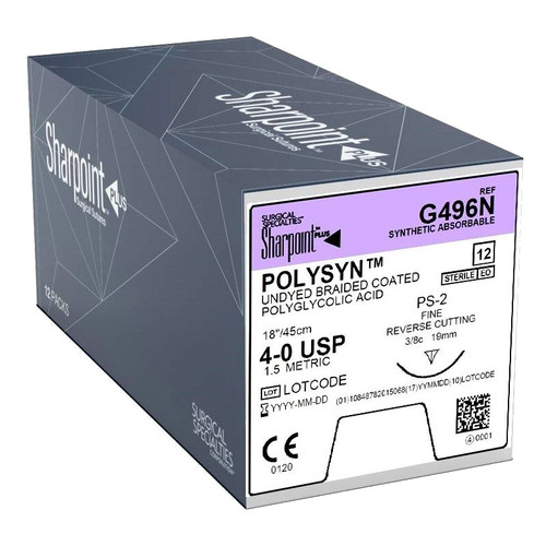 Surgical Specialties PolySyn Absorbable Suture with Needle, Size 4 - 0, 18'' Suture, 1-Needle, Undyed, Needle Length 19 mm, 3/8 Circle, Precision Reverse Cutting Needle, Box of 1