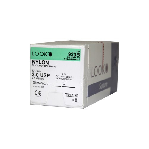 Nonabsorbable Suture with Needle LOOK Nylon SC-2 Straight Conventional Cutting Needle Size 3 - 0 Monofilament 923B Box of 1