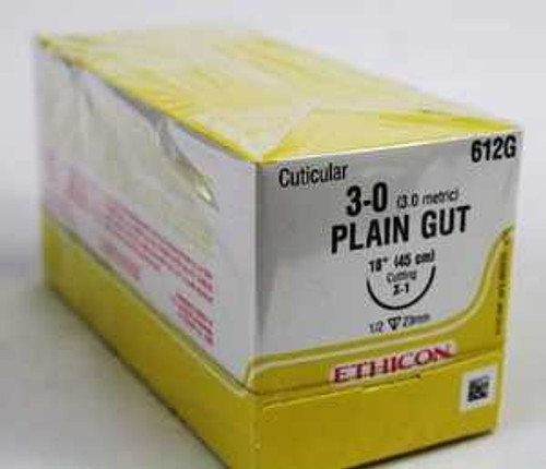 Absorbable Suture with Needle Plain Gut X-1 1/2 Circle Reverse Cutting Needle Size 3 - 0 612G Box of 12 612G J & J Healthcare Systems 2515_BX