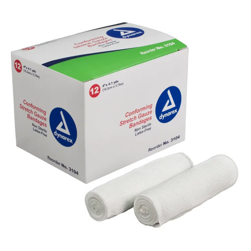 Dynarex Conforming Bandage 4 Inch X 4-1/10 Yard 1-Ply NonSterile 12 per Pack, 3104, Case of 96