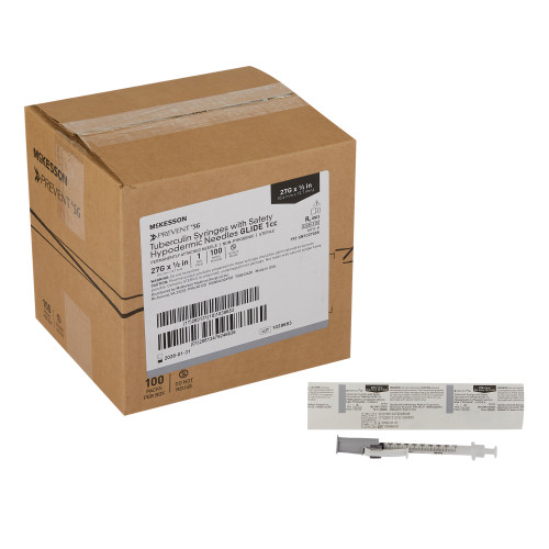 McKesson SG Prevent Syringes with Safety Hypodermic Needle, 1 mL, 1/2 in x 27 G, Sliding Safety Needle Regular Wall 306620 Case of 400