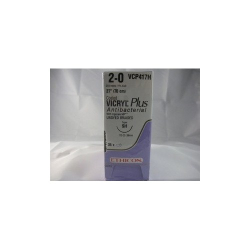 Absorbable Antibacterial Suture with Needle Coated Vicryl Plus Polyglactin 910 with Irgacare MP Antibacterial Suture SH 1/2 Circle Taper Point Needle Size 2 - 0 Braided VCP417H Box of 36
