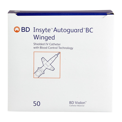 Insyte Autoguard BC Peripheral IV Catheter 22 Gauge 1 Inch BD Vialon Winged Hub Blood Control Push Button Safety, 382623, Box of 50