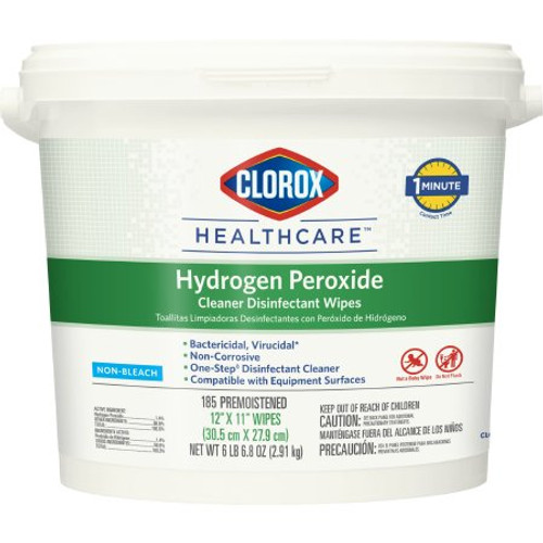 Clorox Healthcare Surface Disinfectant Cleaner Premoistened Hydrogen Peroxide Based Manual Pull Wipe 185 Count Pail Unscented NonSterile, 30826, Case of 2