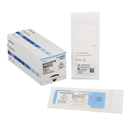 Nonabsorbable Suture with Needle McKesson Silk C-13 3/8 Circle Reverse Cutting Needle Size 4 - 0 Braided S683GX Box of 1