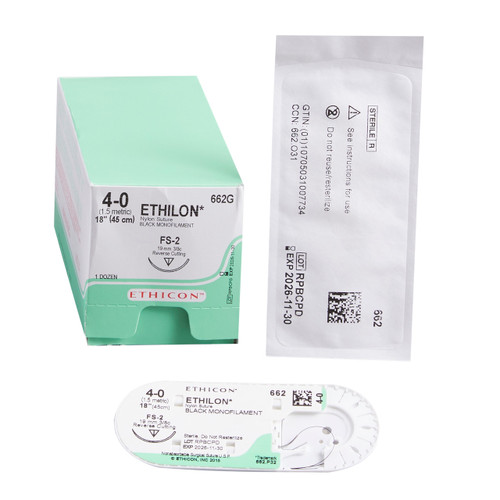 Nonabsorbable Suture with Needle Ethilon™ Nylon FS-2 3/8 Circle Reverse Cutting Needle Size 4-0 Monofilament 662G - Box of 12