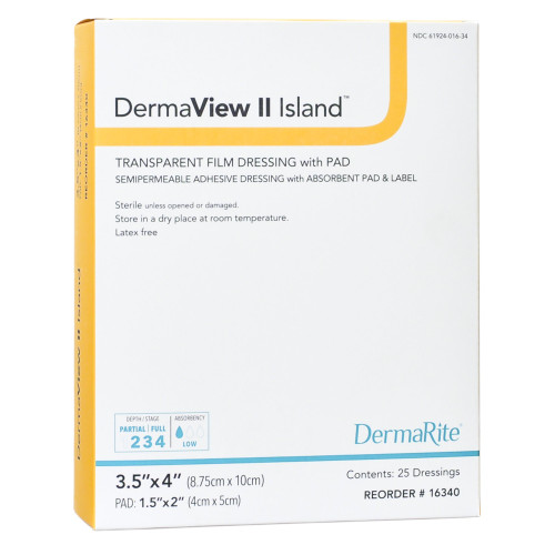 DermaView II Island Transparent Film Dressing with Pad 3-1/2 X 4 Inch Frame Style Delivery Rectangle Sterile, 16340, Pack of 1