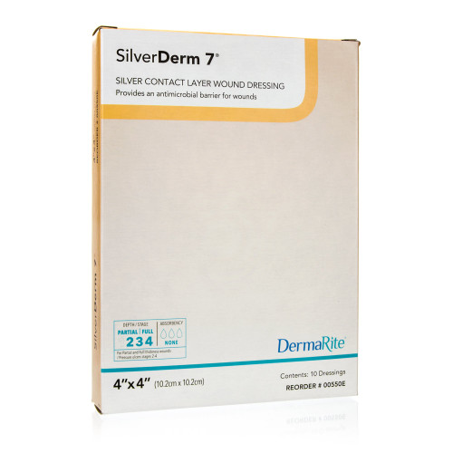 SilverDerm7 Silver Wound Contact Layer Dressing 4 X 4 Inch Square Sterile, 00550E, Box of 10
