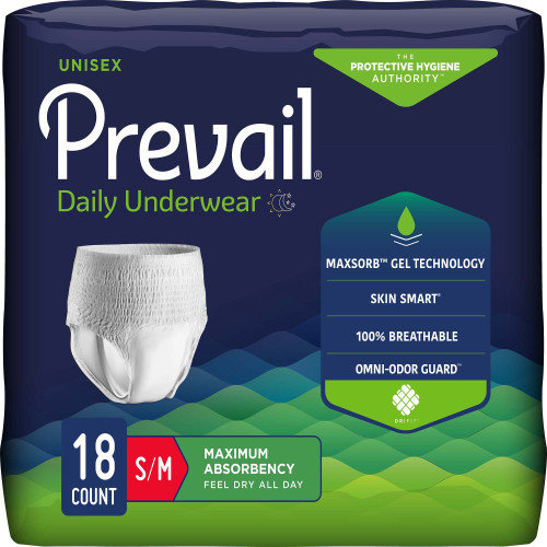 Prevail Daily Underwear Maximum Absorbent Underwear Pull On with Tear Away Seams Adult Small / Medium Unisex Disposable Heavy Absorbency, PVS-512, Case of 72