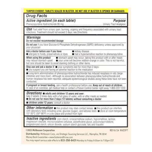 Foster & Thrive Urinary Pain Relief 95 mg Strength Phenazopyridine HCL Tablet 30 per Box  70677122901, Box of 30