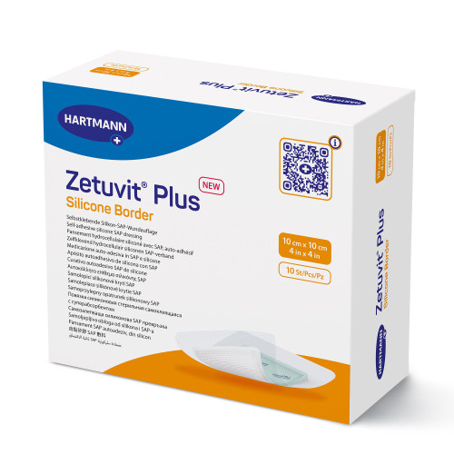 Zetuvit Plus Silicone Border Super Absorbent Dressing Silicone Adhesive 4 X 4 Inch Square, 413901, Box of 10