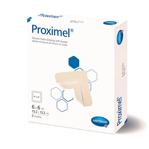 Proximel Foam Dressing 6 X 6 Inch With Border Waterproof Film Backing Silicone Adhesive Square Sterile, 14400000, Box of 5