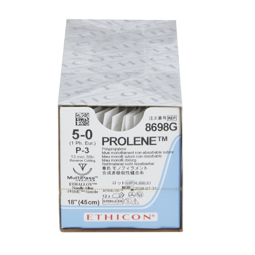 Prolene Nonabsorbable Suture with Needle Polypropylene P-3 3/8 Circle Precision Reverse Cutting Needle Size 5-0 Monofilament, 8698G, Box of 12