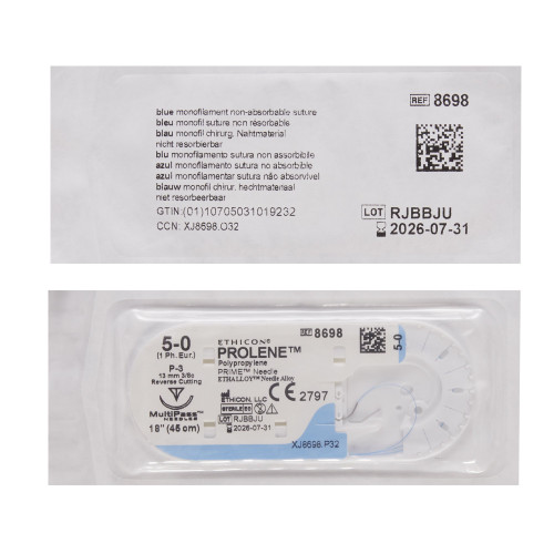 Prolene Nonabsorbable Suture with Needle Polypropylene P-3 3/8 Circle Precision Reverse Cutting Needle Size 5-0 Monofilament, 8698G, Box of 12