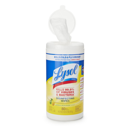 Lysol Surface Disinfectant Cleaner Manual Pull Wipe 80 Count Canister Lemon Lime Blossom Scent NonSterile, RAC77182CT, Can of 80