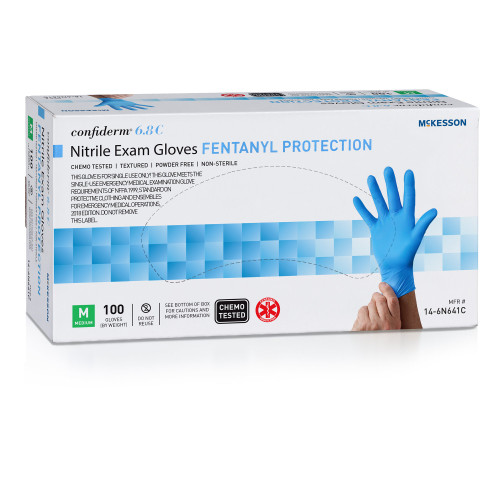 McKesson Confiderm 6.8C Exam Glove Medium NonSterile Nitrile Standard Cuff Length Fully Textured Blue Chemo Tested / Fentanyl Tested, 14-6N641C, Case of 1000