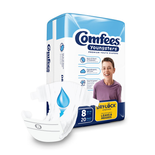 Comfees Youngsters Unisex Youth Incontinence Brief Size 8 Disposable Heavy Absorbency, CMF-8, Bag of 20