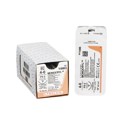 Monocryl Absorbable Suture with Needle Poliglecaprone PS-2 3/8 Circle Precision Reverse Cutting Needle Size 4-0 Monofilament, Y496G, Box of 12