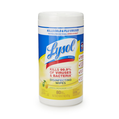 Lysol Surface Disinfectant Cleaner Manual Pull Wipe 80 Count Canister Lemon Lime Blossom Scent NonSterile, RAC77182CT, Carton of 480
