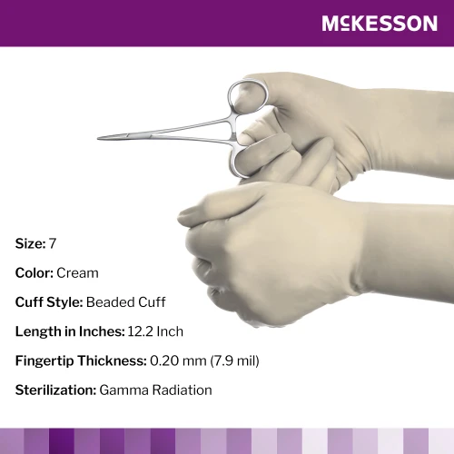 McKesson Perry Synthetic Surgical Gloves Surgical Glove Size 7 Sterile Polychloroprene Standard Cuff Length Smooth Cream Chemo Tested, 20-2670N, Pair of 1