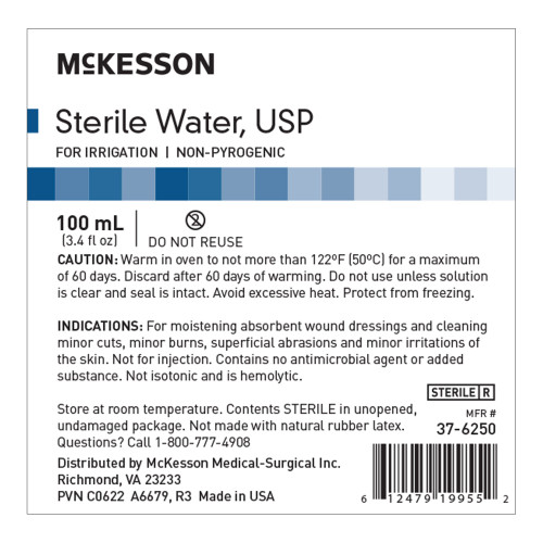 McKesson Irrigation Solution - OTC Sterile Water for Irrigation Not for Injection Bottle, Screw Top 100 mL, 37-6250, Case of 48