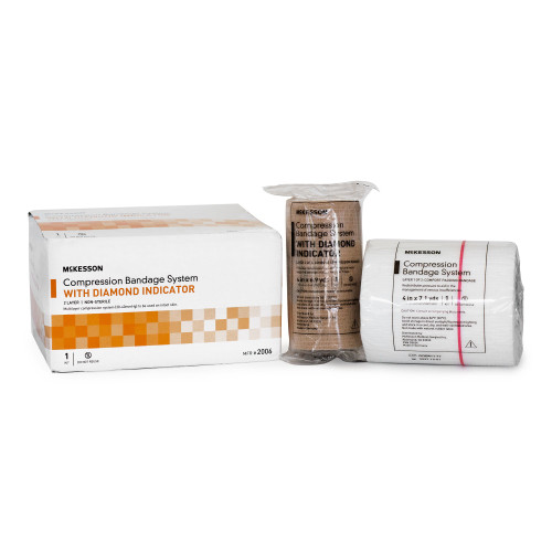 McKesson 2 Layer Compression Bandage System 4 Inch X 7-1/10 Yard / 4 Inch X 6-9/10 Yard Self-adherent Closure Tan / White NonSterile 30 to 40 mmHg, 2006, Kit of 1