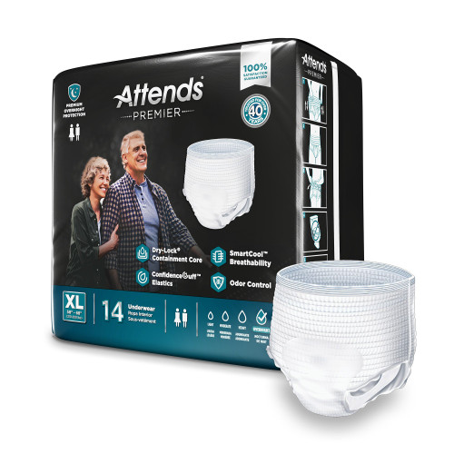 Attends Premier Absorbent Underwear Pull On with Tear Away Seams Adult X-Large Unisex Disposable Heavy Absorbency, ALI-UW40S, Bag of 14
