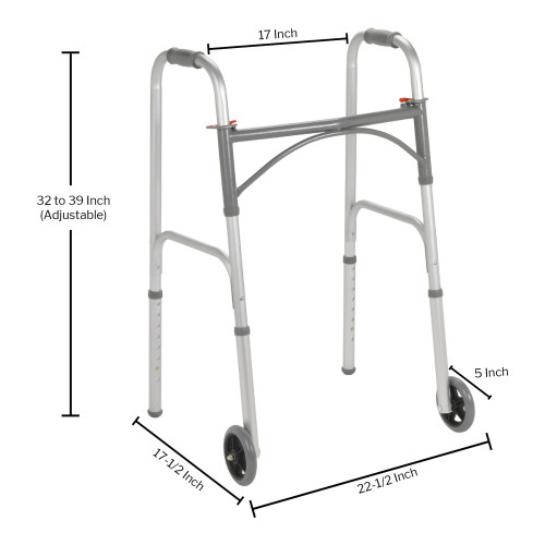 McKesson Dual Release Folding Walker with Wheels Adjustable Height Steel Frame 350 lbs. Weight Capacity 32 to 39 Inch Height, 146-10244-4, Case of 4