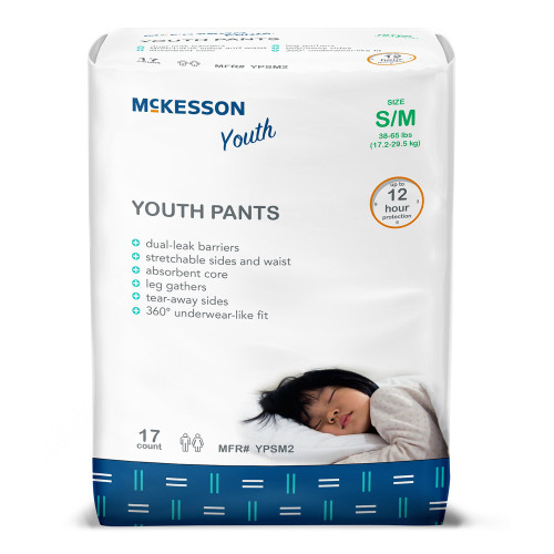 McKesson Unisex Youth Absorbent Underwear Pull On with Tear Away Seams Small / Medium Disposable Heavy Absorbency, YPSM2, Bag of 17