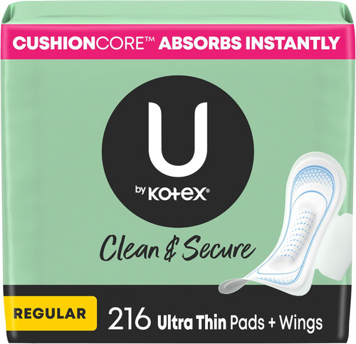 U by Kotex Feminine Pad Ultra Thin with Wings, Regular Absorbency, 58252, Case of 216 (Packaging May Vary))