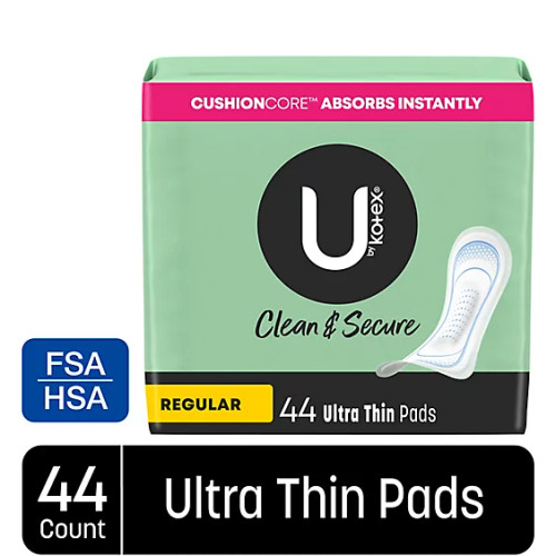 U by Kotex Feminine Pad Ultra Thin Regular Absorbency, 58246, Pack of 44