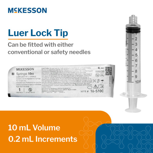 McKesson General Purpose Syringe 10 mL Luer Lock Tip Without Safety, 16-S10C, Pack of 1