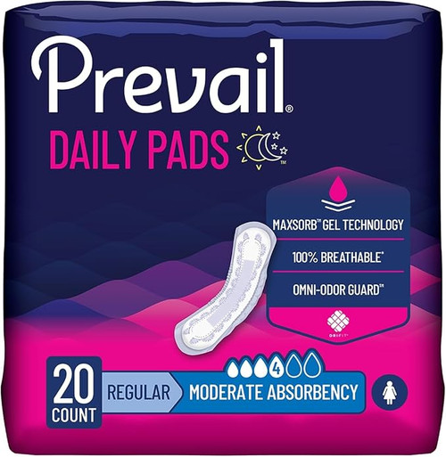 Prevail Bladder Control Pads, 10.6 in, Moderate Absorbency, One Size Fits Most, BC-012, Bag of 20