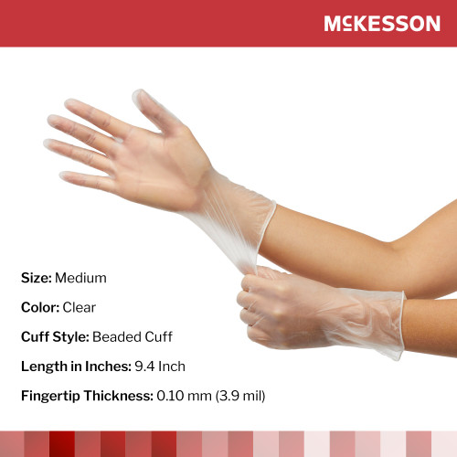 McKesson Exam Glove Medium NonSterile Vinyl Standard Cuff Length Smooth Clear Not Rated, 14-116, Box of 100