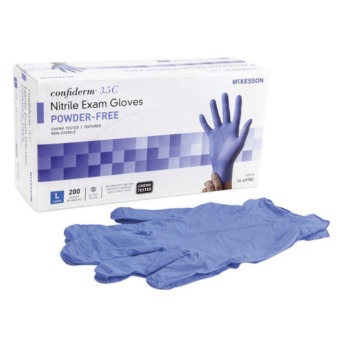 Exam Glove McKesson Confiderm 3.5C NonSterile Blue Powder Free Nitrile Ambidextrous Textured Fingertips Chemo Tested Large 14-6978C Box/200 14-6978C MCK BRAND 765876_BX