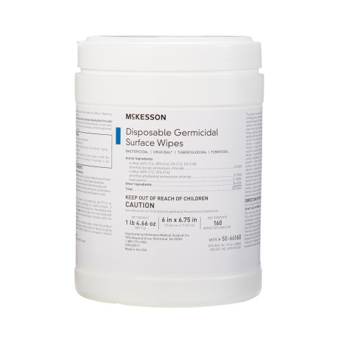 McKesson Surface Disinfectant Premoistened Manual Pull Wipe 160 Count Canister Alcohol Scent NonSterile, 50-66160, Box of 1