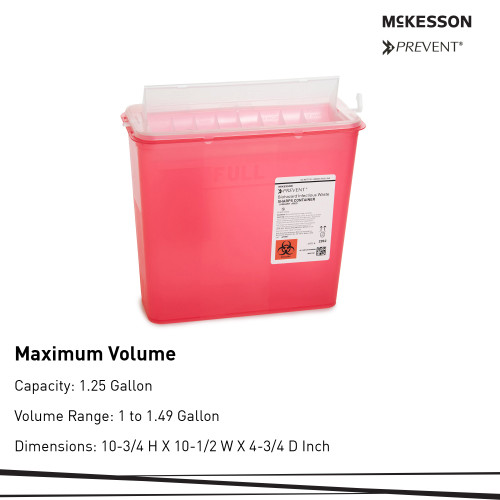 McKesson Prevent Sharps Container Translucent Red Base 10-3/4 H X 10-1/2 W X 4-3/4 D Inch Horizontal Entry 1.25 Gallon, 2262, Pack of 1