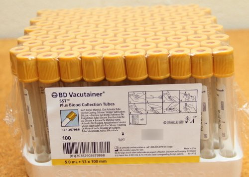 BD Vacutainer Plus Serum Separator Tube with Gel, 5 mL, Hemogard Closure, Gold, 367986, Box of 100