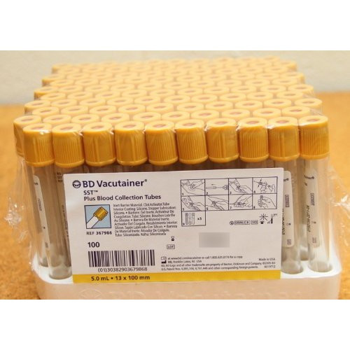 BD Vacutainer Plus Serum Separator Tube with Gel, 5 mL, Hemogard Closure, Gold, 367986, Box of 100