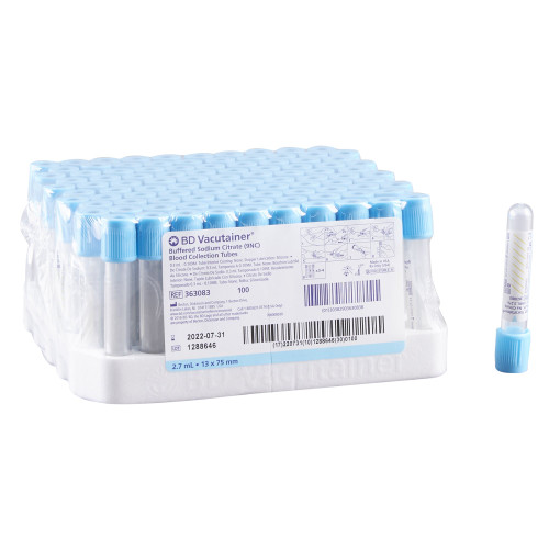 BD Vacutainer Plus Venous Blood Collection Tube, Sodium Citrate, 2.7 mL,Hemogard Closure, Light Blue, 363083, Case of 1000