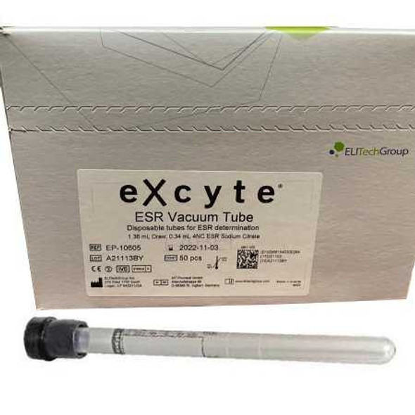 Excyte Vacuum Tube Venous Blood Collection Tube Erythrocyte Sedimentation Rate ESR Sodium Citrate 120 mm 1.36 mL Conventional Closure Plastic Tube EP-10605 Box/50 - 14762409 EP-10605 VITAL DIAGNOSTICS 723775_BX